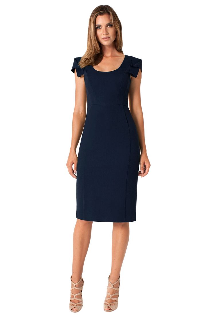 The sophisticated Amelie Sheath dress is cut from our Double Face Viscose blend. Origami folded sleeves offer a unique touch to this fitted lady-like pencil sheath. Fully lined with center back hidden zipper. Dress measures 42 from shoulder. Self: 62% Polyamide, 32% Viscose, 6% Elastane; Lining: 95% Polyamide, 5% Elastane. Dry clean with care. Made in USA of imported materials. Model is 5'10", wearing size 2. Folded Sleeves, How To Fold Sleeves, Black Halo, Cocktail Party Dresses, Zipper Dress, Pacific Blue, Elie Tahari, Office Look, Women's Wear