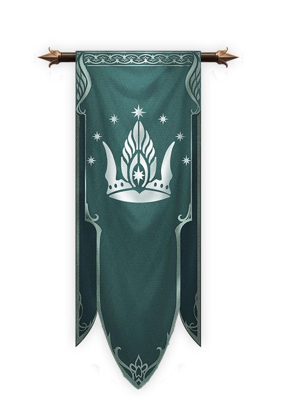 a green banner hanging from the side of a wall with an image of a crown on it