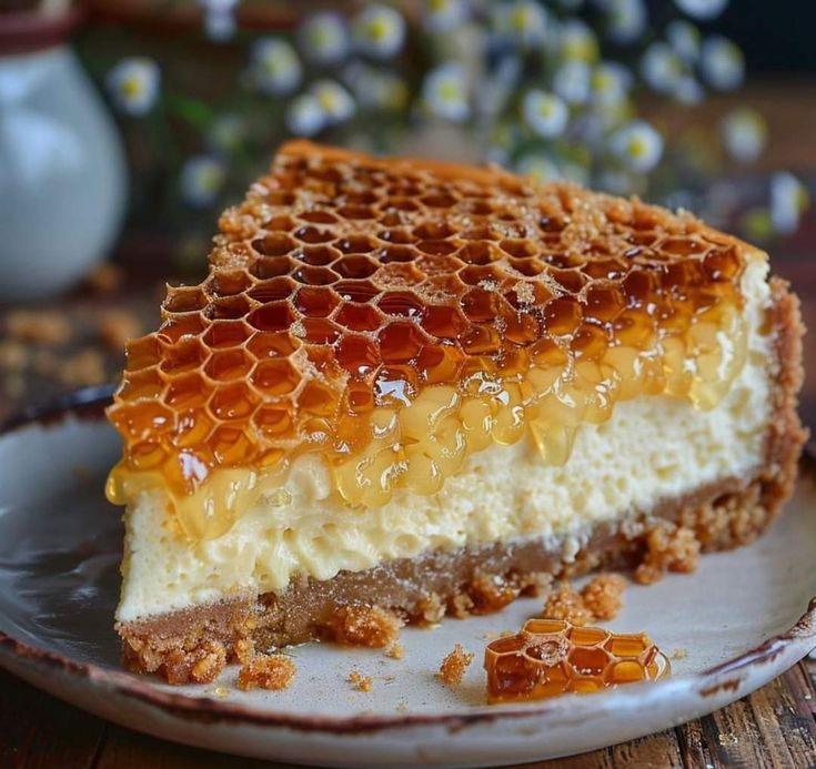 a piece of cake on a plate with honeycombs