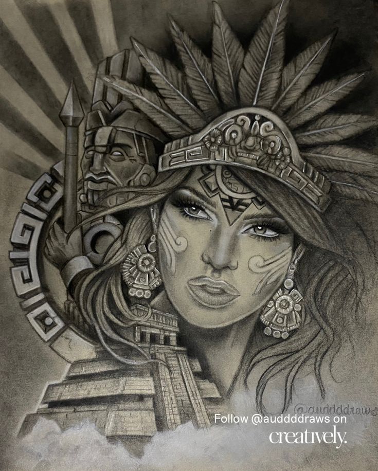 Aztec Princess, Aztec Drawing, Native American Drawing, Aztec Artwork, Tattoo Style Art, Charcoal Artwork, Mexican Art Tattoos, Aztec Tattoo Designs, Estilo Cholo