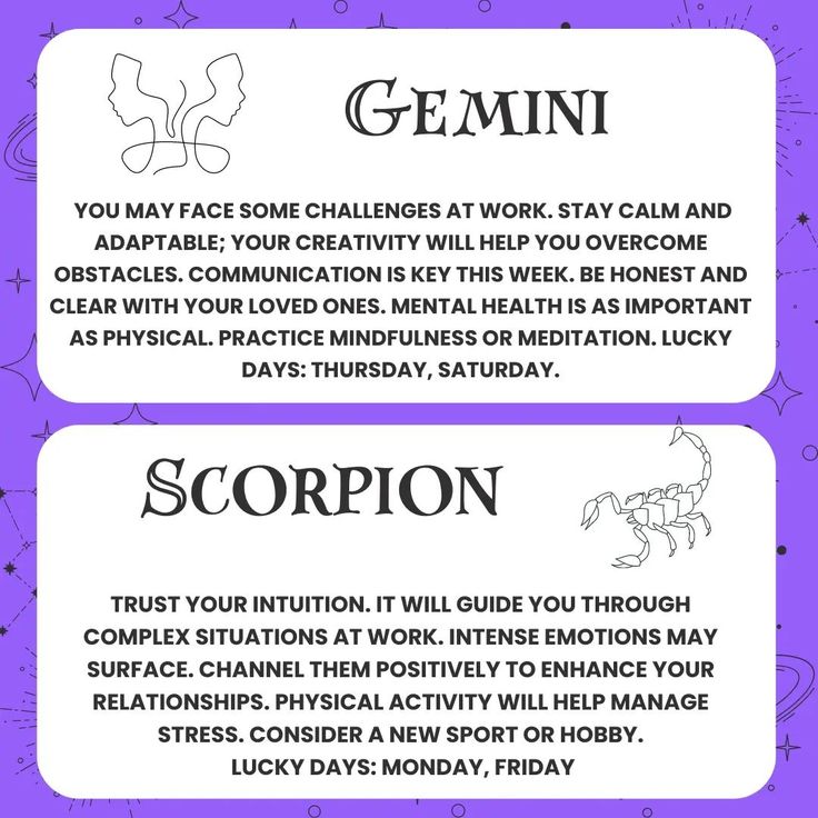 two different types of zodiac signs on purple paper with black and white writing in the center