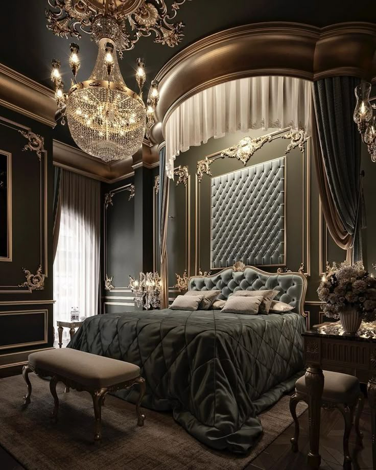 a luxurious bedroom with chandelier and bed