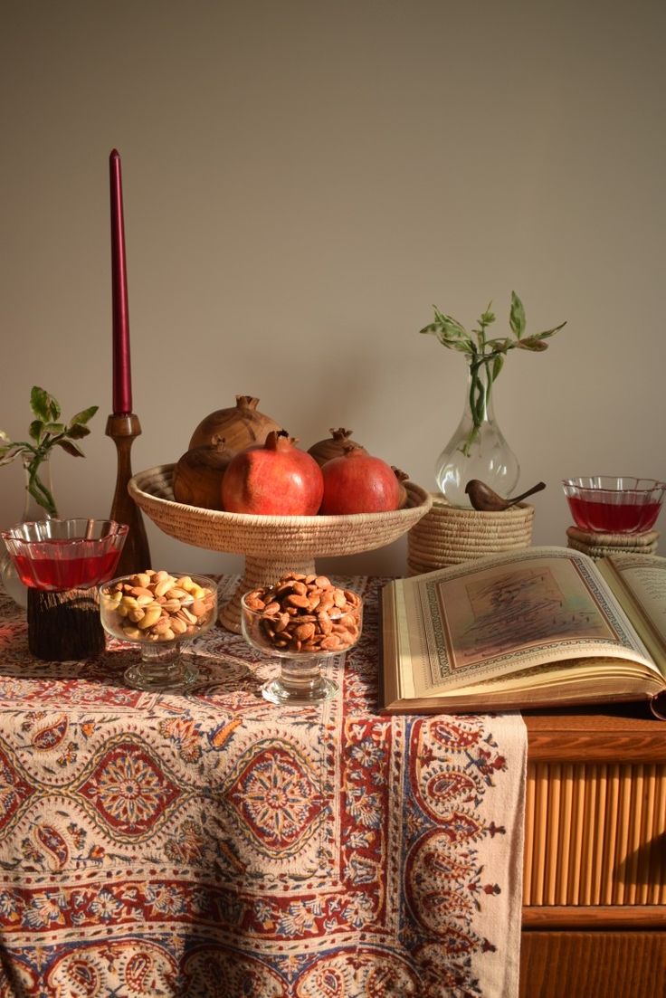 a table topped with fruit and nuts next to a book