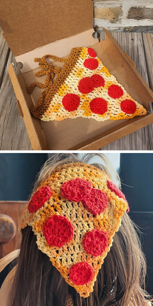 there is a woman wearing a crocheted hat with pizza slices on it in the box