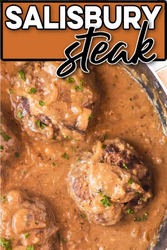 a close up of meatballs in gravy on a plate with the words salisbury steak above it