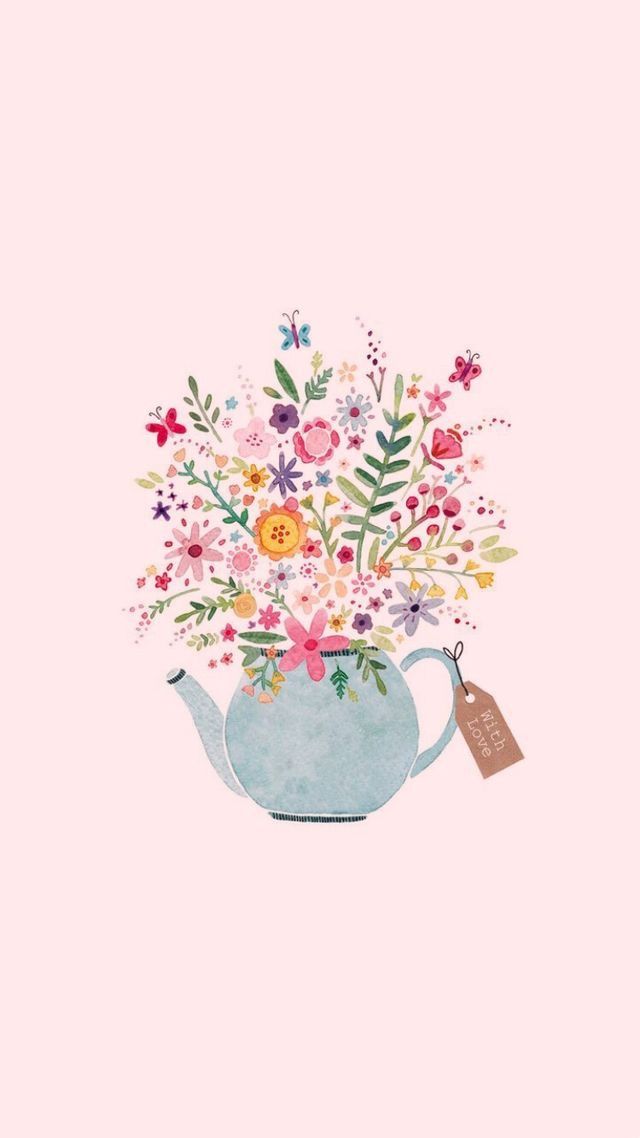 a teapot filled with lots of flowers on top of a pink background and a tag hanging from the side