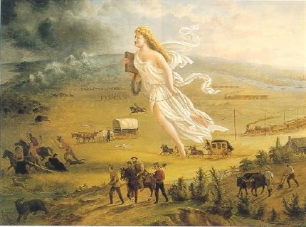 a painting of a woman with white hair flying in the air over a field next to horses