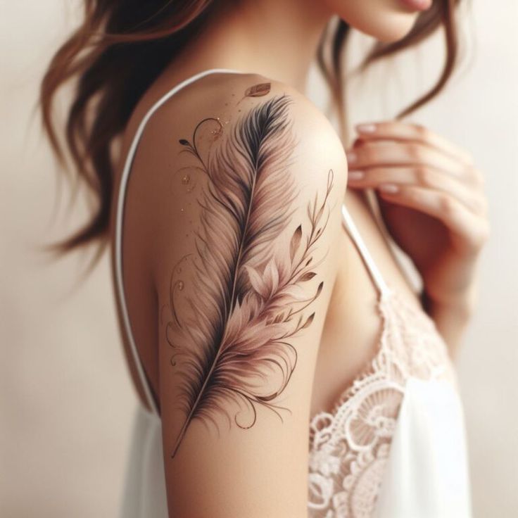 a woman with a feather tattoo on her arm