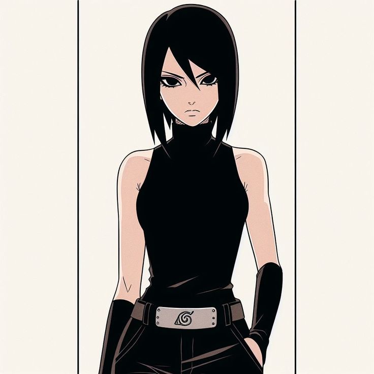 an anime character with black hair and gloves on, standing in front of a white background