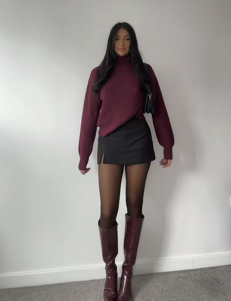 Burgandy Boot Outfit Fall, Ruched Boots Outfit, Burgundy Boots Outfit Women, How To Style Burgundy Boots, Knee High Boots And Skirt Outfit, Maroon Knee High Boots Outfit, Burgundy Outfits For Women Winter, Casadei Boots Outfit, Maroon Boots Outfit Winter