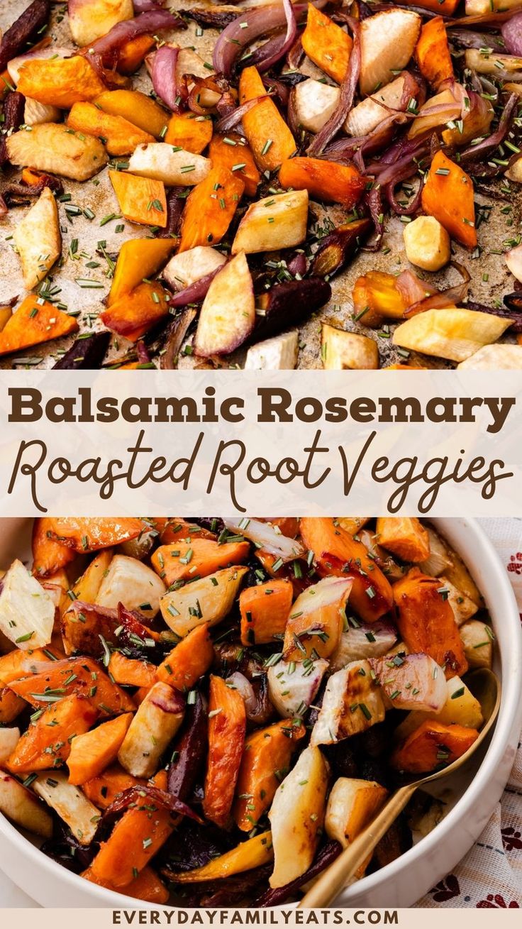 roasted root veggies with balsamic rosemary in a white bowl on a table