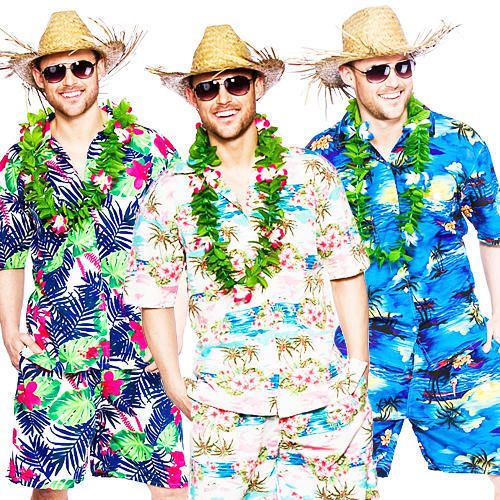 three men wearing colorful hawaiian clothing and hats