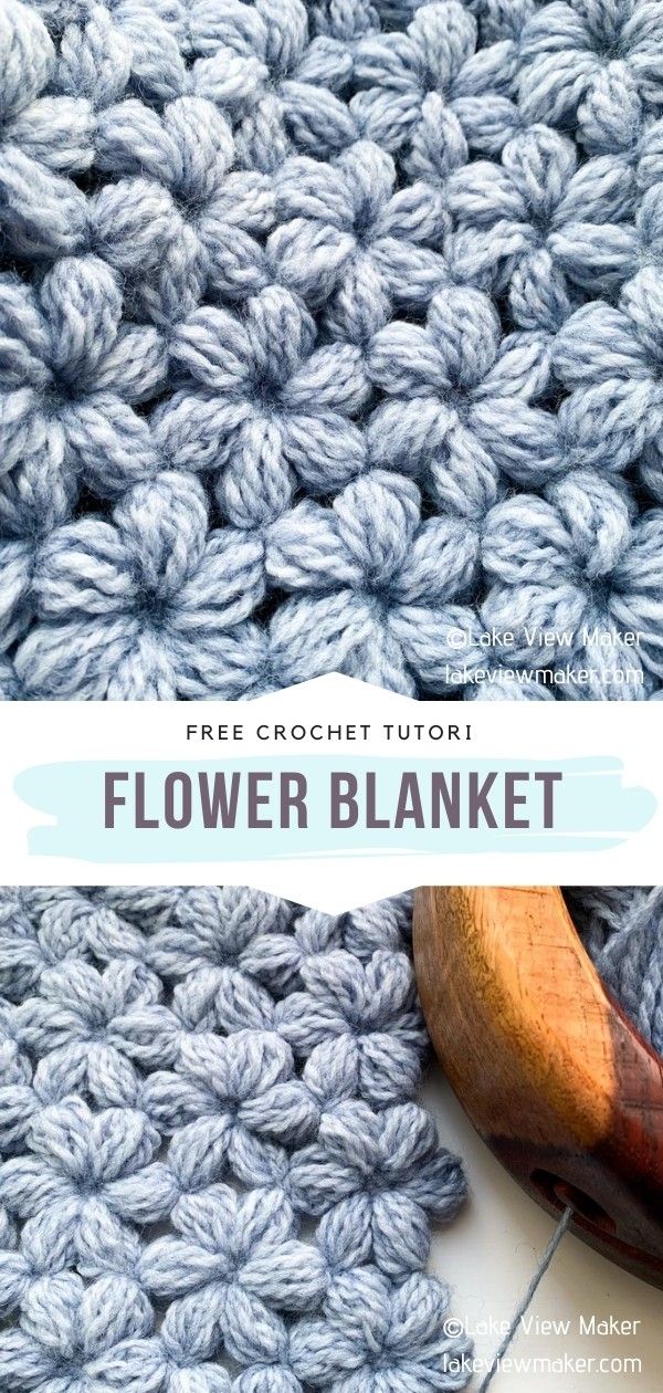 the crochet flower blanket is shown with a wooden spoon and yarn on it