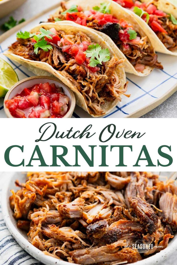 pulled pork carnitas on a plate with salsa and cilantro