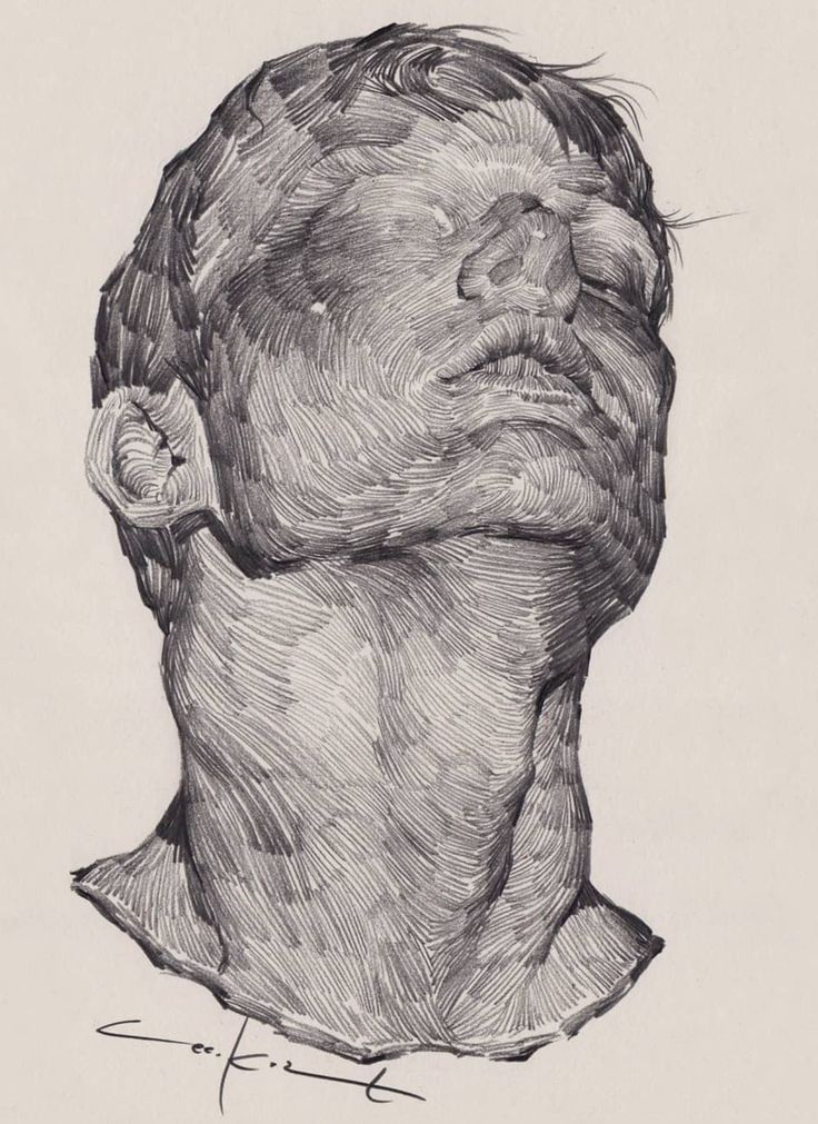 a drawing of a man's head with his eyes closed and one eye open