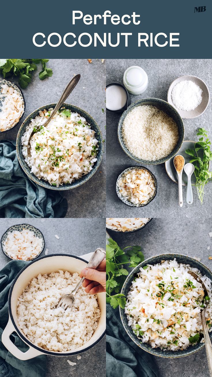 two pictures show how to make coconut rice in one pan and then the other side