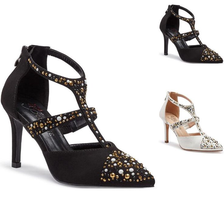 Step up to glamour in these fabulous T-strap pumps richly embellished with multicolor studs and stones. 3 1/2" heels. Back zippers. Cushioned insole. Fabric and manmade materials. Imported. Trendy Flats, Elegant Heels, Ankle Strap Shoes, Strap Pumps, T Strap, Shoe Game, Strappy Heels, Sling Backs, Hair Pieces