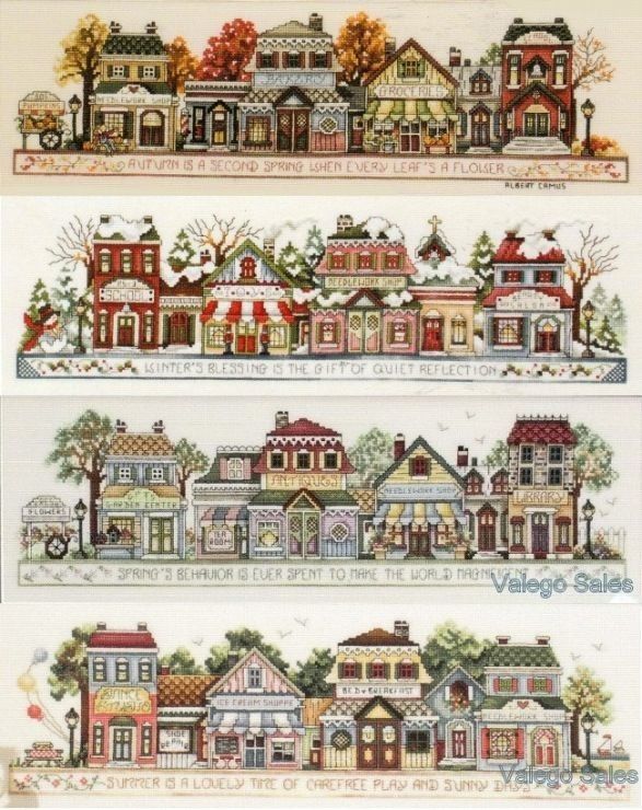 three cross stitch houses with trees on each side