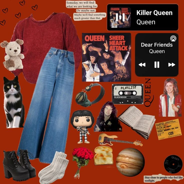 a collage of items from the movie queen, including jeans and shoes with an animal on them