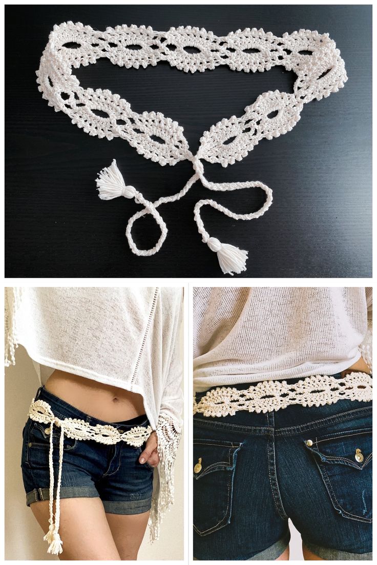 two pictures showing different ways to make crochet lace belts with beads and tassels