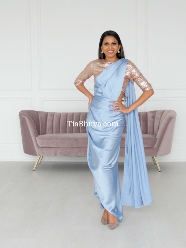 Don't you just love the versatility of a saree? Here's a simple but elegant Dress Drape! Tia Bhuva, Saree Ideas, Dress Drape, Satin Silk, Wedding Guests, Saree Collection, Sarees Online, Elegant Dress, Silk Satin