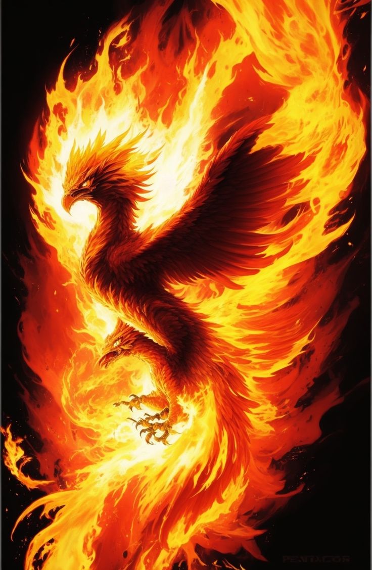 a fire breathing bird with orange and red flames