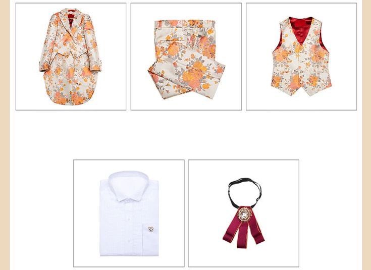 Traditional styling paired with modern chic. This 5-piece Floral Print Ensemble is both classical and flared with boulevardier adornments. Whether you find your family at a spring wedding reception or an exclusive summer banquet, your Petit Gentleman will be the center of attention. Our elegant Floral Print Ensemble comes with the Bouquet floral jacket, trousers, and matching vest, along with a brilliant white shirt that displays the signature royal red Victorian necktie. All 5 pieces are tailor White Party Sets For Summer, White Spring Party Suits, White Summer Party Sets, Elegant Summer Sets For Wedding Guests, Elegant Party Sets For Spring, Festive Fitted Wedding Guest Sets, Fitted Sets For Wedding Guests And Festive Occasions, Spring Formal Fitted Sets, Fitted Formal Sets For Spring