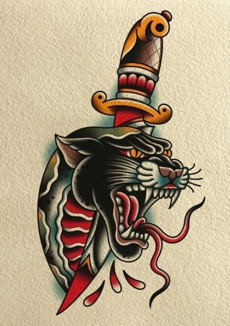 an old school tattoo design of a cat with a hat on it's head