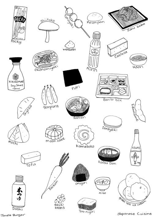 an image of food that is drawn in black and white on a sheet of paper