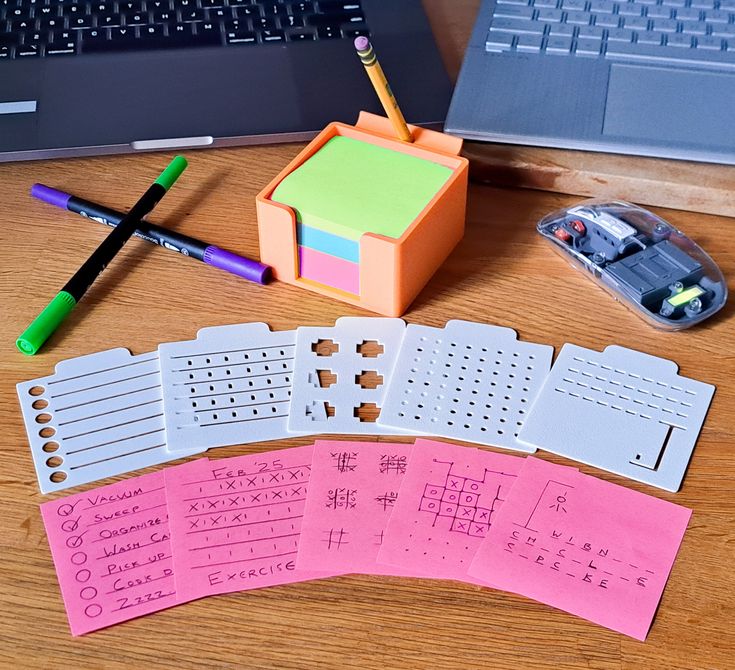 several pieces of paper sitting on top of a wooden table next to a laptop computer