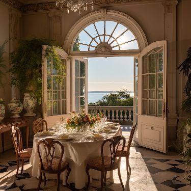 a dining room with a table and chairs in front of an open door leading to the ocean