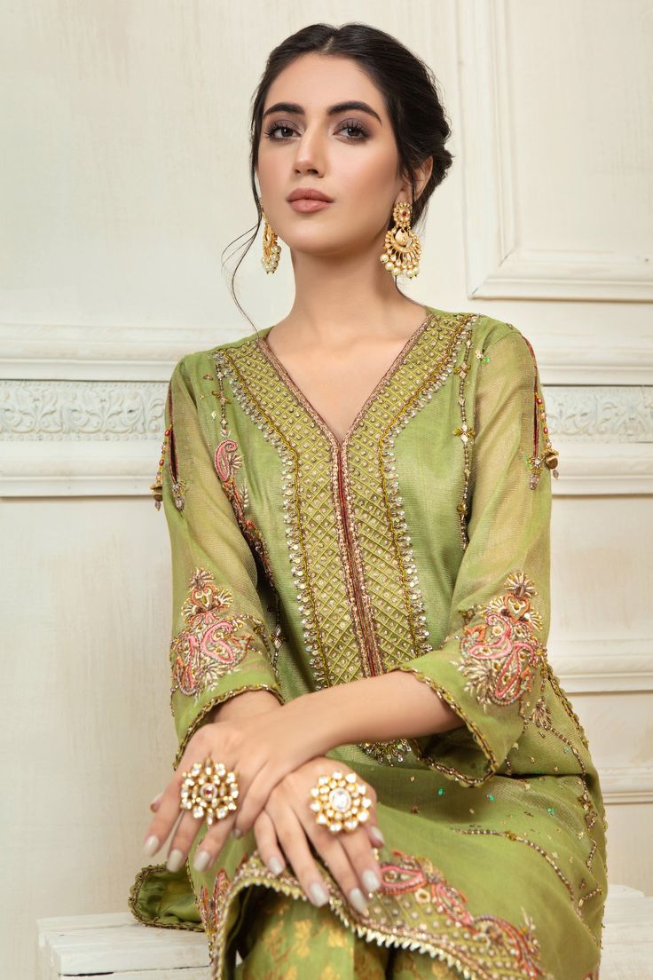 Designer Raw Silk Sharara With Gota Work, Cotton Silk Straight Kurta With Gota Work, Designer Traditional Wear With Mirror Work In Cotton Silk, Elegant Cotton Silk Dress With Gota Work, Gold Dupatta With Dabka On Cotton Silk, Festive Tissue Silk Kurta With Dupatta, Gold Dupatta With Dabka In Cotton Silk, Gold Cotton Silk Dupatta With Dabka, Bollywood Style Cotton Silk Kurta With Mirror Work