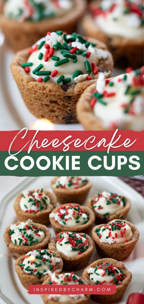 Looking for a dessert that’s both fun and fabulous? These Cheesecake Cookie Cups are your answer! With a rich cookie base and creamy cheesecake filling, they’re the perfect balance of sweet and satisfying. Plus, you can customize them with your favorite sprinkles to match any celebration. Reeses Cookies Cups, Christmas Cookies Cheesecake, Holiday Sugar Cookie Cups, Cheesecake Christmas Cookies, Christmas Cookie Cups Recipes, Cheesecake Bites Christmas, Christmas Cheesecake Cups, Santa Hat Cheesecake Bites, Sugar Cookie Cheesecake Cups