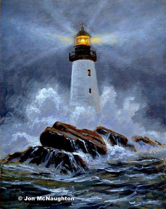 a painting of a lighthouse in the ocean