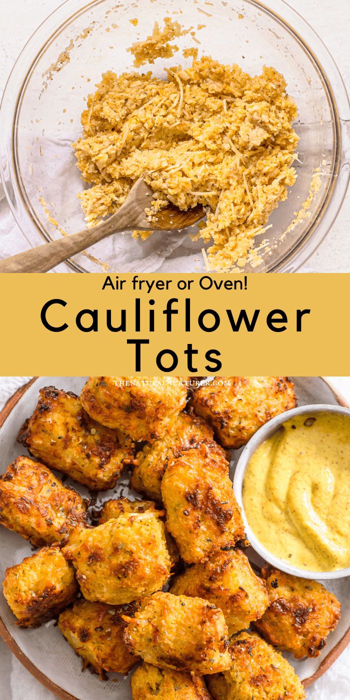 air fryer or oven cauliflower tots on a plate with dipping sauce