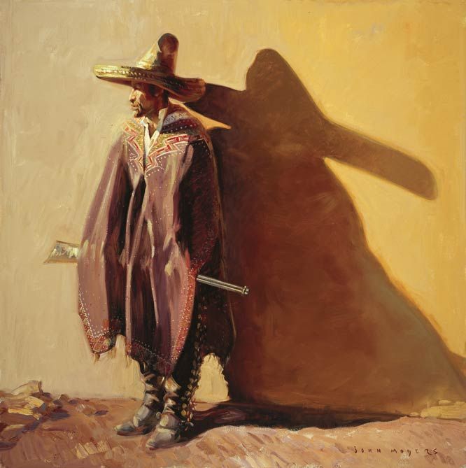 a painting of a man wearing a sombrero and standing next to a shadow