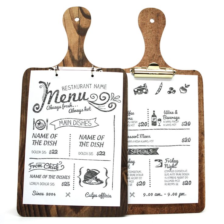 two wooden cutting boards with menus attached to each one, on top of white background