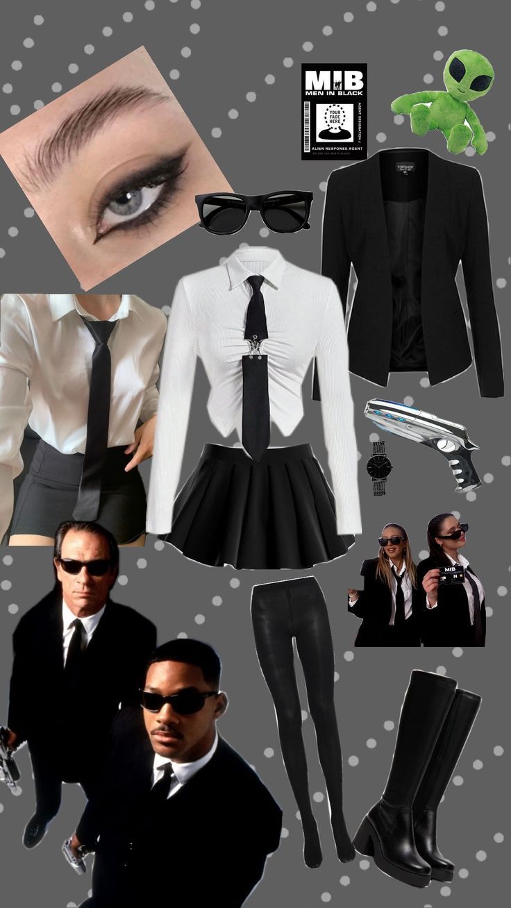 a collage of people dressed up in black and white clothing, including an alien doll