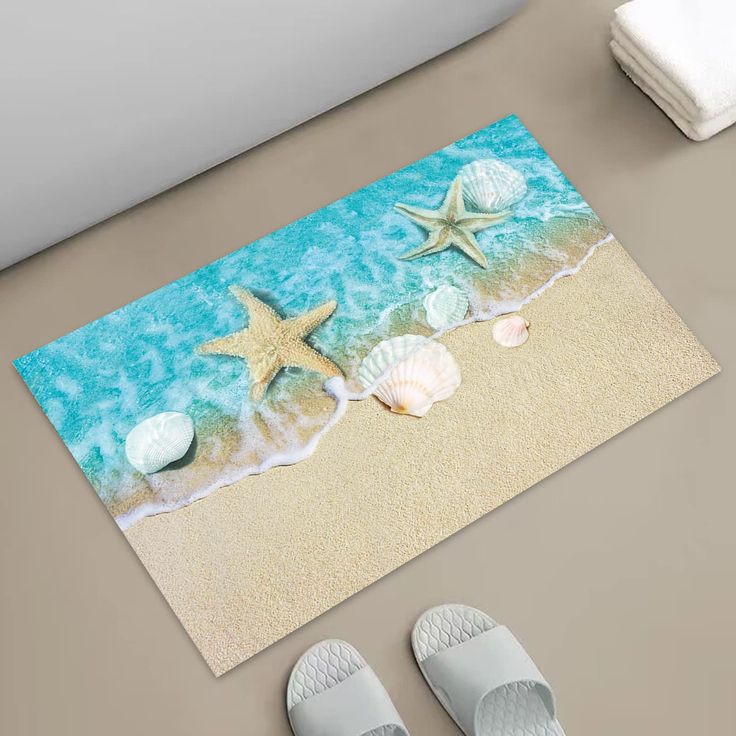 starfish and seashells on the beach area rug