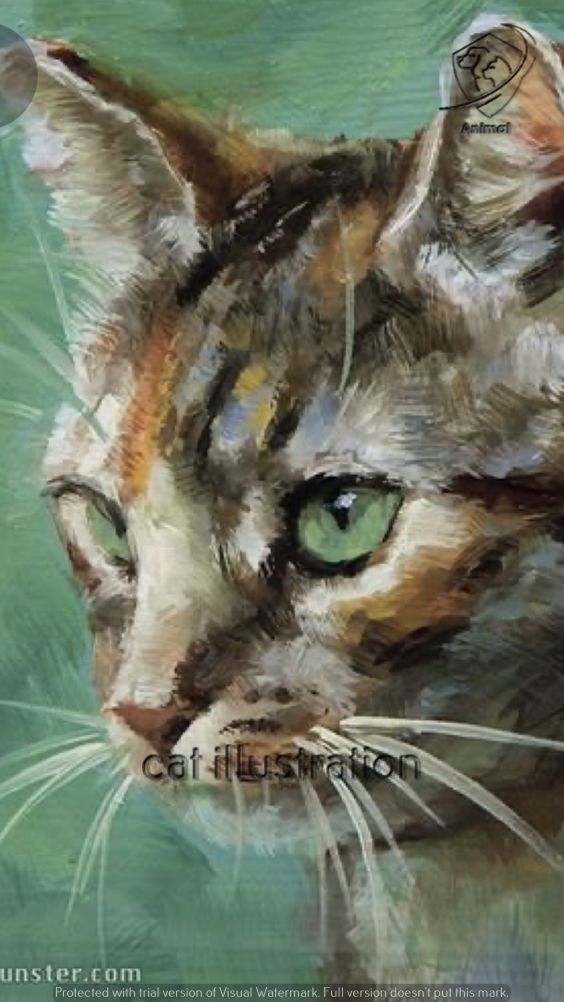 a painting of a cat with green eyes and whiskers on it's head