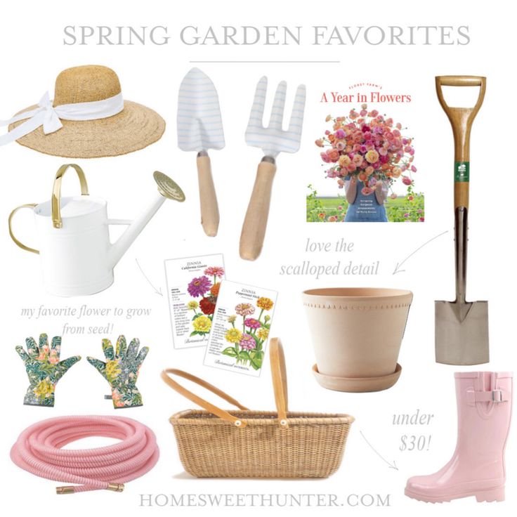 the garden is filled with gardening items and flowers, including pink boots, watering utensils