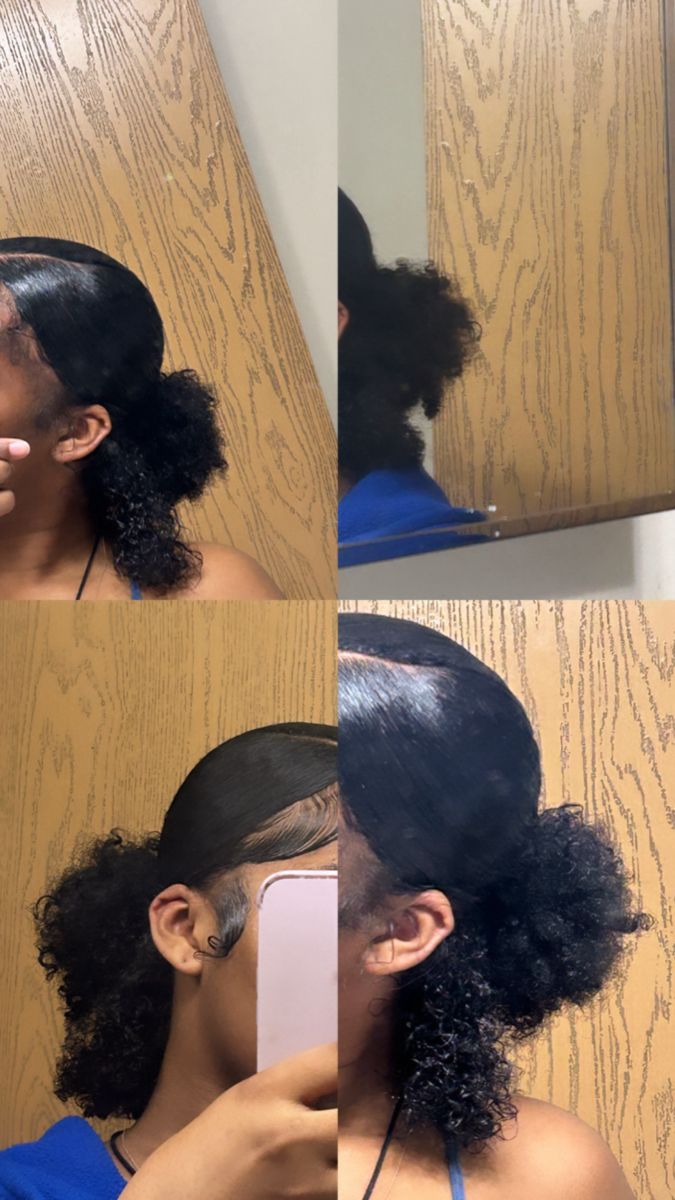 V-part ponytail with curls out in the back Ponytail With Curls, Natural Hair Bun, Hair Bun Styles, Natural Hair Styles For Black, Natural Hair Bun Styles, Short Box Braids Hairstyles, Edges Hair, Quick Natural Hair Styles, Curls Hairstyles