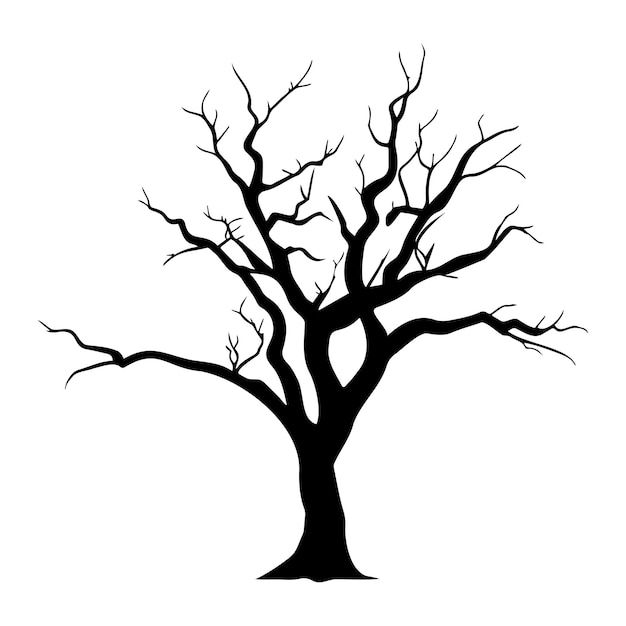 a black and white silhouette of a bare tree with no leaves on it, against a white background