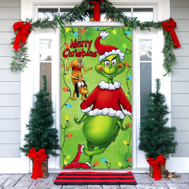 PRICES MAY VARY. Delicate Design: Our Christmas decorative door cover is printed with green animal patterns, which provides an intuitive and realistic way to create the holiday atmosphere for your party. In addition to being used as party supplies, it can be used as a photo booth prop to record the wonderful moments of the Christmas Premium Material: The large hanging banner is made of quality polyester fabric, which is durable, wrinkle-free and tear-resistant. It is washable and reusable, and l Grinch Christmas Door Signs Front Porches, Grinch’s Lair Door, Teacher Doors For Christmas, Grinchmas Door Cover, Christmas Themed Teacher Doors, Grinch Cookie, Winter Door Decorations Classroom, Christmas Door Cover, Grinch Door