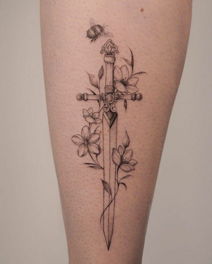 Dark Feminine Tattoo Aesthetic, Dagar Tattoo, Sward Flower Tattoo, Acotar Dagger Tattoo, Dagger With Vines Tattoo, Knife With Rose Tattoo, Dagger Sternum Tattoo Women, Fine Line Dagger Tattoo, Dainty Dagger Tattoo