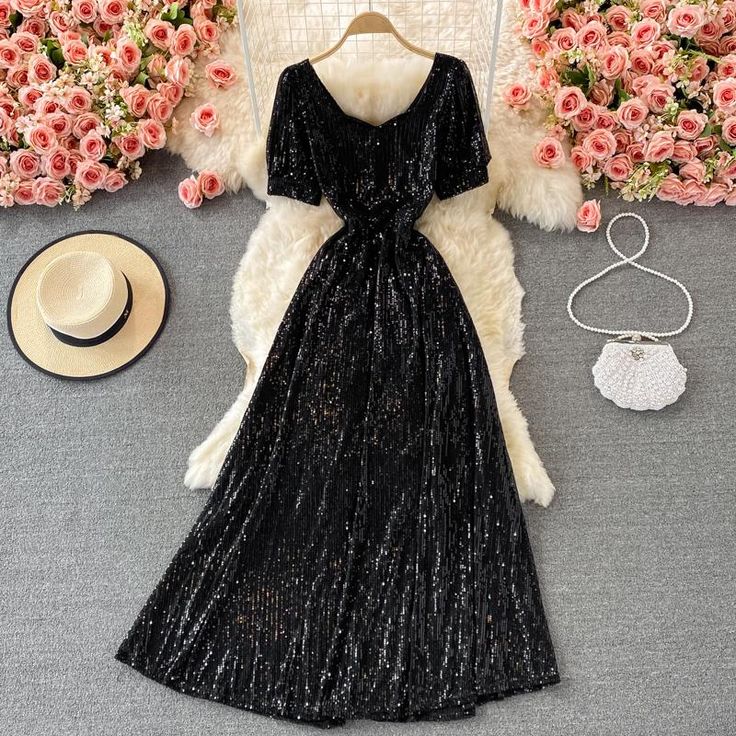 Shiny sequins long dress fashion dress Material: sequins Color: red, champagne, black Size(cm): M, L M length 138 bust 88 waist 74 L length 139 bust 92 waist 78 Maxi Length Sequin Fabric For Holiday Prom, Black V-neck Sequin Dress With Contrast Sequins, Black Sequin Dress For Banquet, Evening Maxi Dress With Sequins, Sequined Midi Evening Dress For Prom Season, Sequin Midi Dress For Evening Prom, Glamorous Black Evening Dress For Summer, Glamorous Black Summer Evening Dress, Black Contrast Sequin Prom Dresses