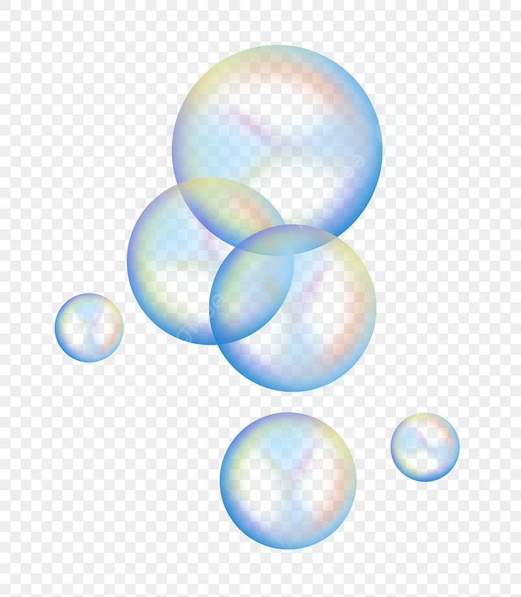 three soap bubbles on a transparent background, with one bubble floating in the air and two bubbles