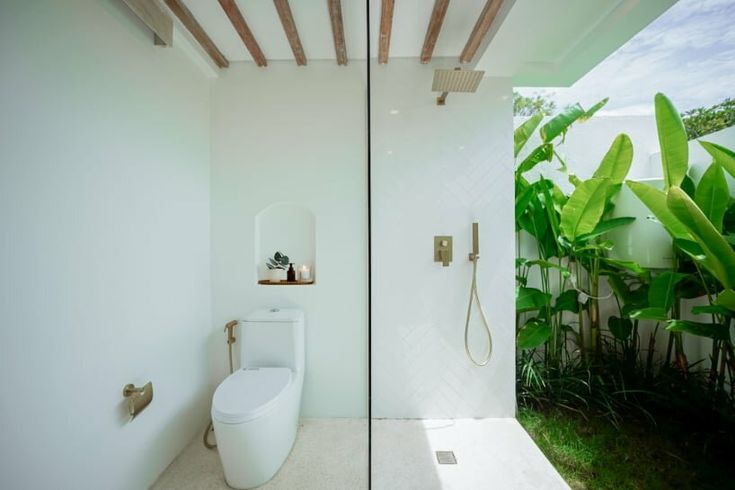 a white toilet sitting next to a walk in shower under a wooden ceiling mounted faucet