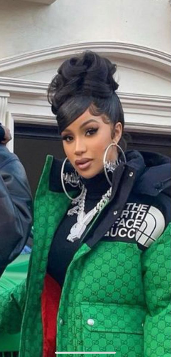 Fire 🔥 “updo hairstyle” that Cardi B slayed. And the north face gucci is hittin’ too! Cardi Hairstyles, Baps Inspired Hairstyle, Flip Ponytail Hairstyle Black Women, Cardi B Hairstyles Updo, Graduation Updo Hairstyles, Cardi B Swoop Hairstyle, Red Updo Hairstyles For Black Women, Birthday Updo Hairstyles, Cardi B Bun Hairstyle