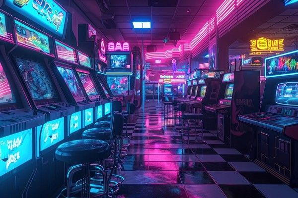 a room filled with lots of arcade machines and neon lights on the ceiling, along with checkered flooring